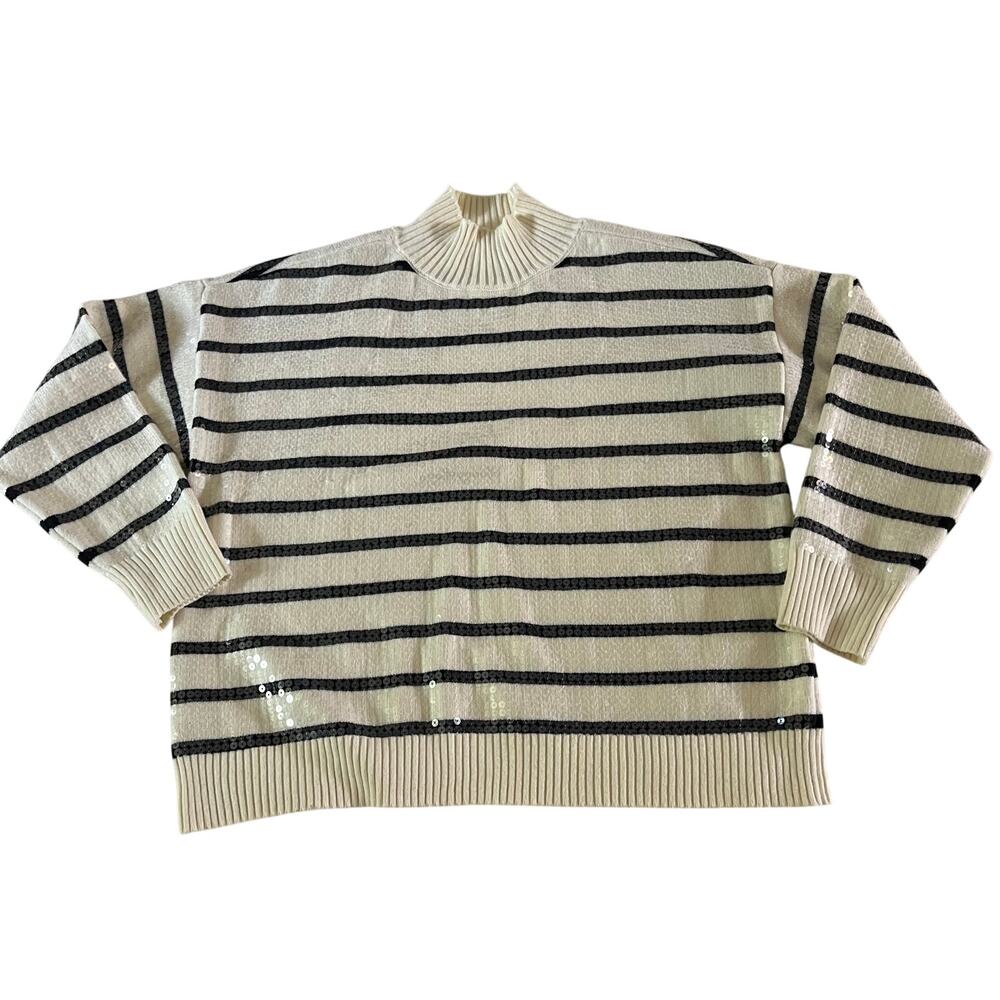 NWOT On 34th Black White Sequin Stripe Mock Neck Sweater Plus Sz 2X Preppy